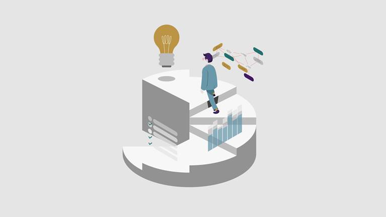 Illustration Mann steigt Wendeltreppe hinauf