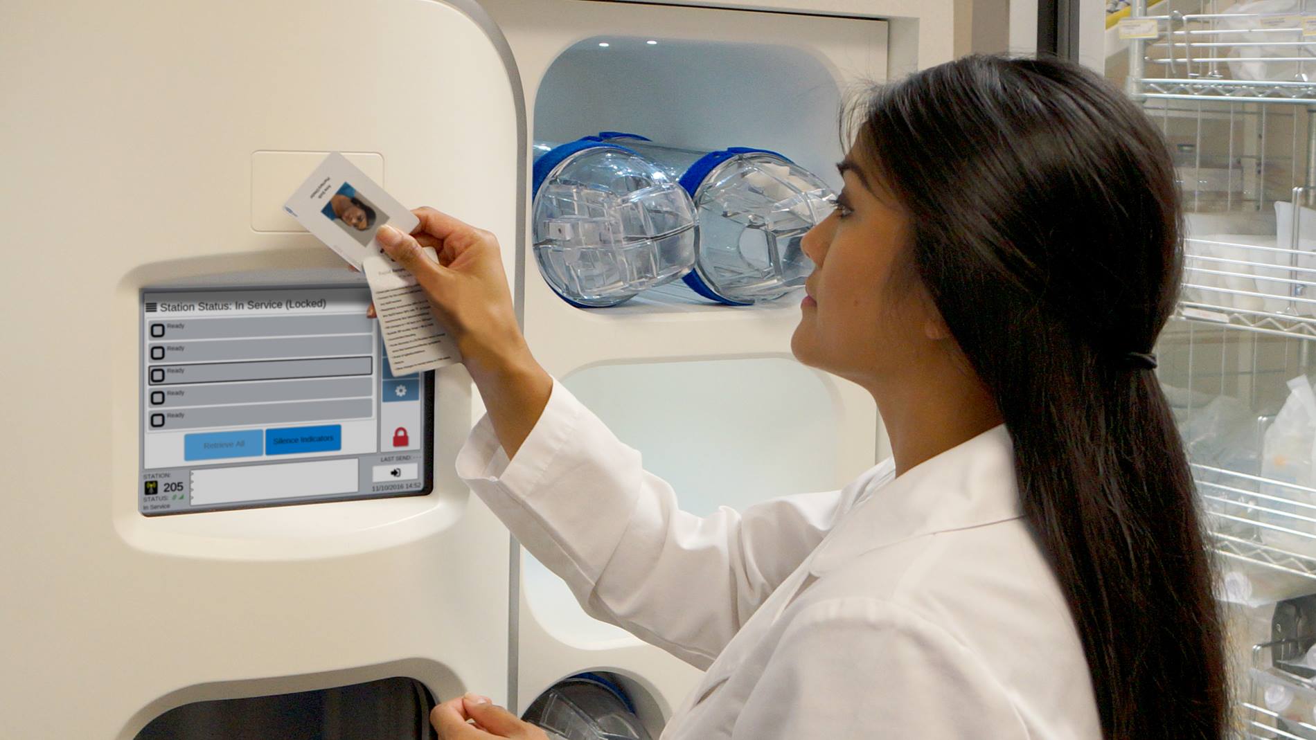 TransLogic Pneumatic Tube System being used securely by a nurse in a hospital"