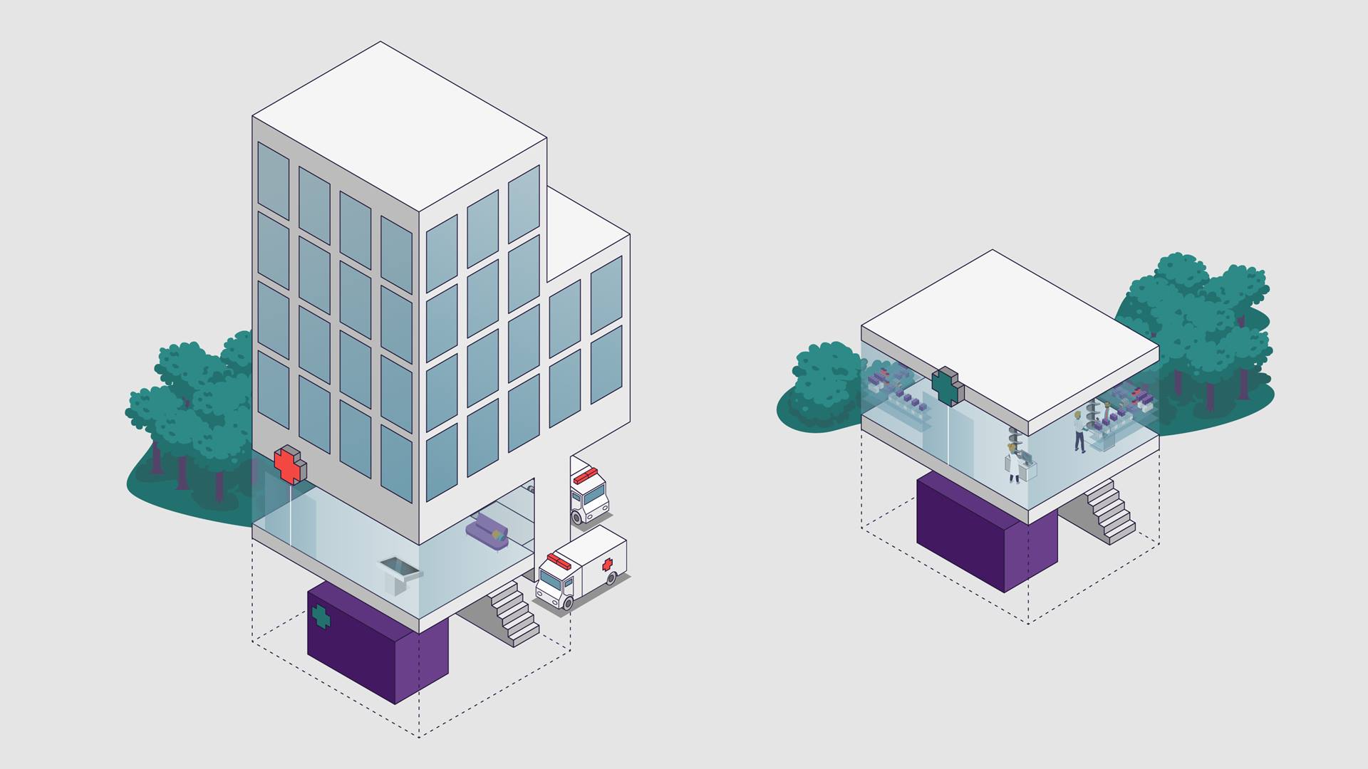 Illustrazione di un ospedale e di una farmacia al pubblico