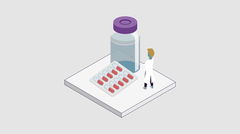 Illustration of a pharmacist in a hospital pharmacy