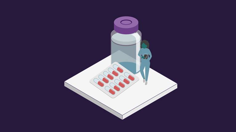 Illustration of a femal pharmacist in a hospital pharmacy